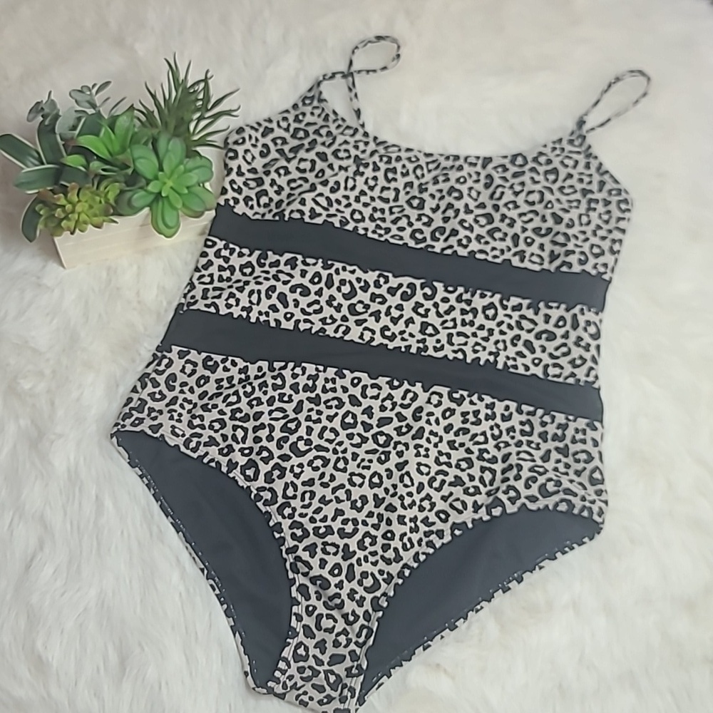 Pink Lily Leopard Print One-Piece Swimsuit in Black and Cream